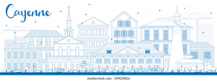 Outline Cayenne Skyline with Blue Buildings. Vector Illustration. Business Travel and Tourism Concept with Modern Architecture. Image for Presentation Banner Placard and Web Site.