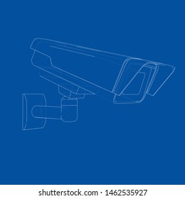 Outline CCTV camera. Security camera. Vector rendering of 3d. Wire-frame style. The layers of visible and invisible lines are separated