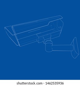 Outline CCTV camera. Security camera. Vector rendering of 3d. Wire-frame style. The layers of visible and invisible lines are separated