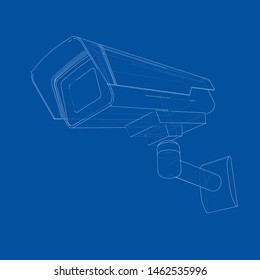 Outline CCTV camera. Security camera. Vector rendering of 3d. Wire-frame style. The layers of visible and invisible lines are separated