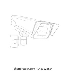 Outline CCTV camera. Security camera. Vector rendering of 3d. Wire-frame style. The layers of visible and invisible lines are separated