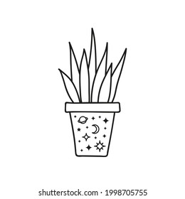 Outline celestial house plant in pot with moon, planet and stars isolated on white background. Boho home interior decor. Minimalist home flower.