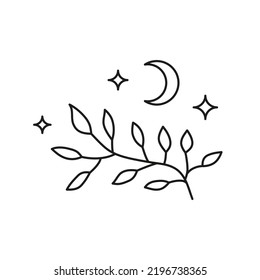 Outline celestial leafy twig and crescent moon, stars around. Boho botanical illustration.