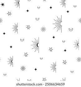Outline celestial seamless pattern. Moon phases, stars, moon, sun. Bohemian lunar line art. Magic abstract vector background, wallpaper, digital paper.