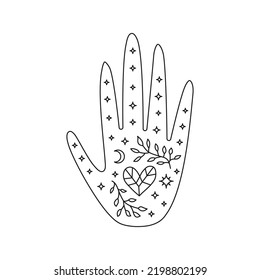 Outline celestial witchy hand with leafy twigs, heart, crescent moon and stars isolated on white background. Mystical boho illustration.