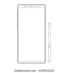 Outline cellphone with stylus isolated on white background. Vector illustration