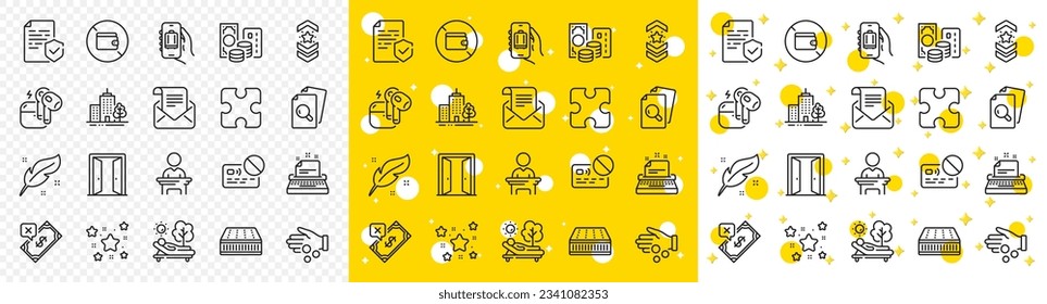 Outline Certificate, Election candidate and Mattress line icons pack for web with Feather, Typewriter, Rejected payment line icon. Inspect, Puzzle, Headset pictogram icon. Lounger. Vector
