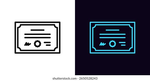 Ícone do certificado do outline, com traçado editável. Ícone do documento do diploma, certificado digital. Licença oficial, certificado de qualificação, bolsa, grau de educação profissional conquista. Ícone de vetor