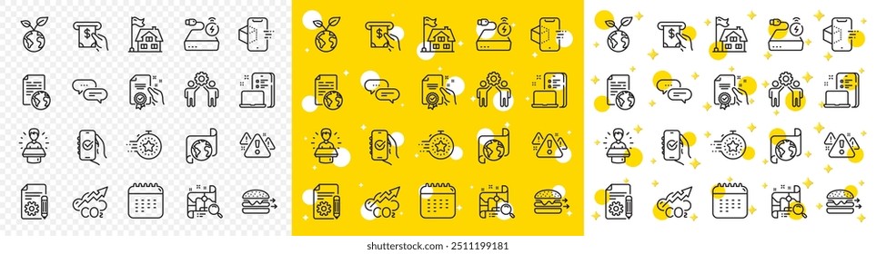 Paquete de iconos de certificado de esquema, mapa de Búsqueda y línea de documento de Internet para el Web con la documentación, mensaje de puntos, ícono de línea de dispositivo. Calendario, Advertencia, Icono de pictograma de construcción. Vector