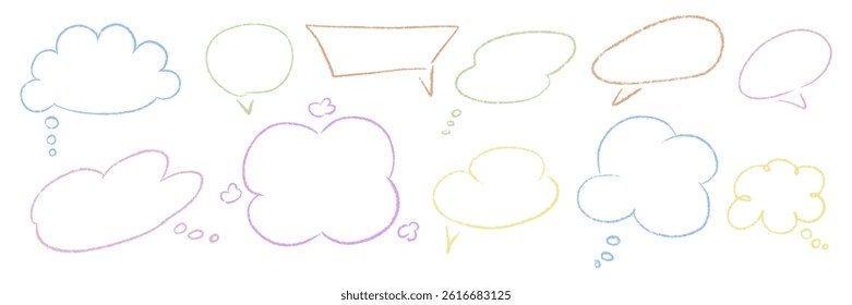Outline chalk textured speech bubbles set. Different blank chat empty dialog balloon. Comic cloud bubble shapes. Hand drawn grunge pencil doodle conversation message icon. Vector illustration isolated