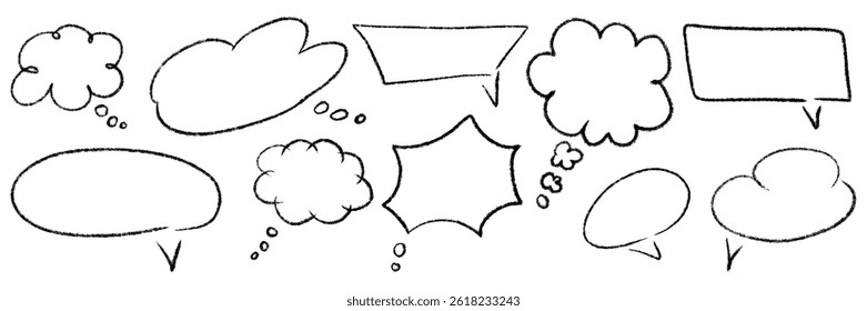 Outline chalk textured speech bubbles set. Different blank chat empty dialog balloon. Comic cloud bubble shapes. Hand drawn grunge pencil doodle conversation message icon. Vector illustration isolated
