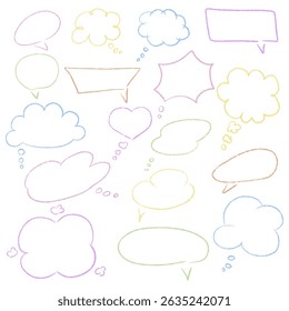 Outline chalk textured speech bubbles set. Different blank chat empty dialog balloon. Comic cloud bubble shapes. Hand drawn grunge pencil doodle conversation message icon. Vector illustration isolated