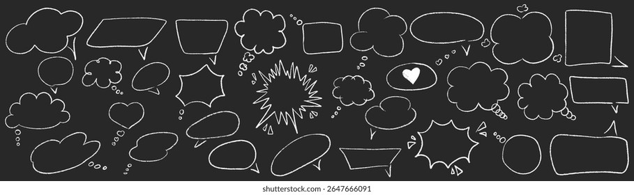 Outline chalk textured speech bubbles set. Different blank chat empty dialog balloon. Comic cloud bubble shapes. Hand drawn grunge pencil doodle conversation message icon. Vector illustration isolated