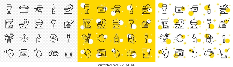 Outline Champagne glass, Coffee cup and Grill place line icons pack for web with Grill time, Alcohol addiction, Water drop line icon. Cooking timer, Croissant, Boiling pan pictogram icon. Vector