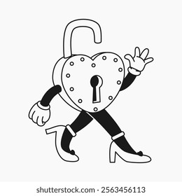 An outline character illustration of a heart shaped padlock mascot wears high heels. The character is playfully waving while walking, adding charm and fun to any project