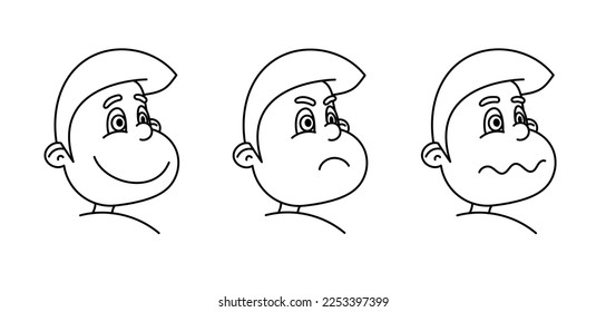 Outline of a character's face with three different emotions.