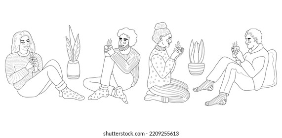 Outline characters. Men and women holding cups with hot coffee or tea, sitting and smiling. A concept of cozy romantic evenings. Autumn or winter everyday fashion.