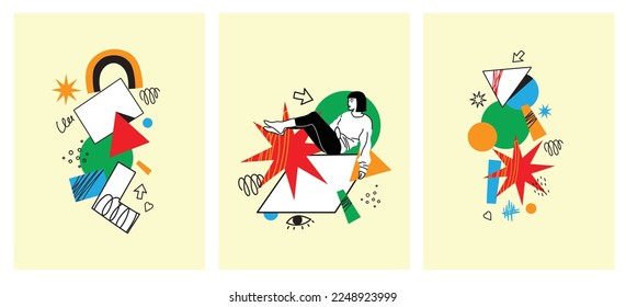 Outline characters, people in different poses and various geometric shapes and colorful abstract figures. Different mood, positions. Hand drawn vector illustration