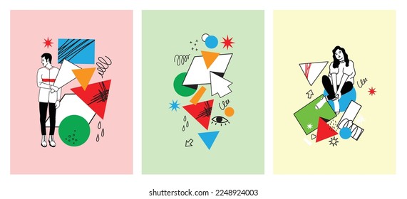Outline characters, people in different poses and various geometric shapes and colorful abstract figures. Different mood, positions. Hand drawn vector illustration