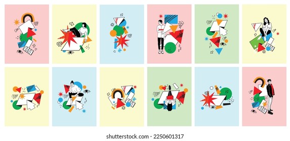 Outline characters, people in different poses and various geometric shapes and colorful abstract figures. Different mood, positions. Hand drawn vector illustration