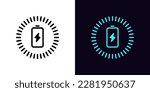 Outline charging battery icon, with editable stroke. Battery with lightning sign and charging circle, wireless electric charger. Inductive dock station for charging devices. Vector icon for Animation