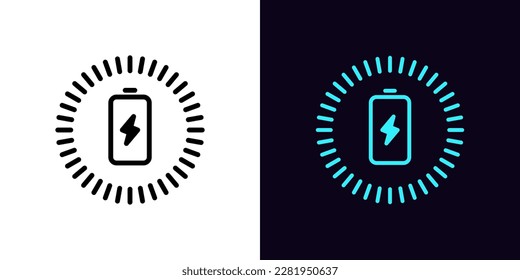 Outline charging battery icon, with editable stroke. Battery with lightning sign and charging circle, wireless electric charger. Inductive dock station for charging devices. Vector icon for Animation