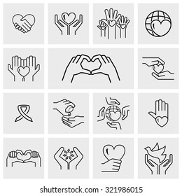 Outline Charity vector icons set on gray