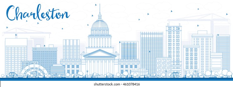 Outline Charleston Skyline with Blue Buildings. West Virginia. Vector Illustration. Business Travel and Tourism Concept with Modern Buildings. Image for Presentation Banner Placard and Web Site.