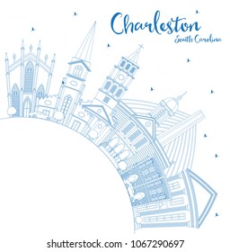 Outline Charleston South Carolina City Skyline with Blue Buildings and Copy Space. Vector Illustration. Business Travel and Tourism Illustration with Historic Architecture.