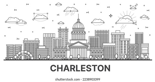 Outline Charleston West Virginia USA City Skyline with Modern Buildings Isolated on White. Vector Illustration. Charleston Cityscape with Landmarks.