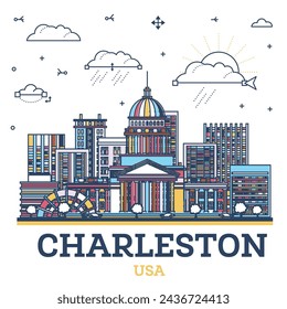 Outline Charleston West Virginia USA City Skyline with colored Modern Buildings Isolated on White. Vector Illustration. Charleston Cityscape with Landmarks.