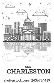 Outline Charleston West Virginia USA City Skyline with Modern Buildings and reflections Isolated on White. Vector Illustration. Charleston Cityscape with Landmarks.