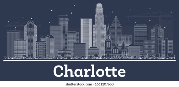 Outline Charlotte NC City Skyline with White Buildings. Vector Illustration. Business Travel and Tourism Concept with Modern Architecture. Charlotte Cityscape with Landmarks.