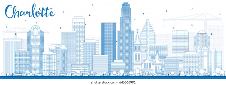 Outline Charlotte Skyline With Blue Buildings. Vector Illustration. Business Travel And Tourism Concept With Modern Architecture. Image For Presentation Banner Placard And Web Site.