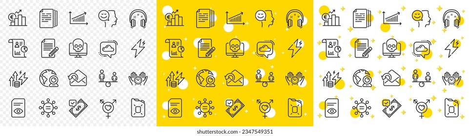 Outline Chart, Power and Cyber attack line icons pack for web with Copy documents, Canister oil, Energy inflation line icon. Send mail, Headphones, Safe time pictogram icon. Vector
