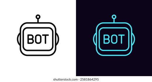 Outline chat bot icon, with editable stroke. Robot face with Bot text. Virtual assistant, smart bot with AI algorithms, chatbot technology for business tasks, mobile digital helper. Vector icon