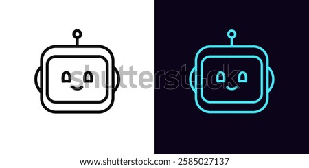 Outline chat bot icon, with editable stroke. Robot face with cute smile. Friendly virtual assistant, smart bot with AI algorithms, chatbot technology for business tasks, digital helper. Vector icon