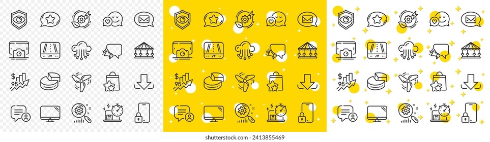 Contorno burbuja de charla, Messenger y Subir iconos de línea de precio paquete para web con puntos de lealtad, Foto de teléfono, Icono de línea de estadísticas de búsqueda. Botellas, descarga, icono del pictograma Gps. Vector