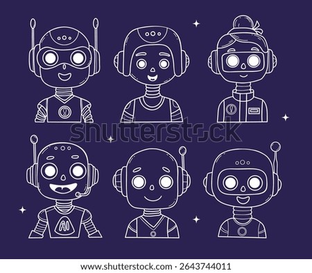 Outline Chatbot Face, Robot, girl, Assistant AI character set. Vector hand drawing doodles. Isolated White virtual Avatar on blue background for tech support, chatbot, futuristic design. Not AI