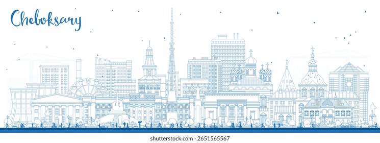 Outline Cheboksary Russia city skyline with blue buildings. Vector illustration. Cheboksary cityscape with landmarks. Business travel and tourism concept with modern and historic architecture.