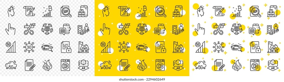 Outline Check article, Article and Launder money line icons pack for web with 5g wifi, Lock, Building line icon. Brand ambassador, Mobile inventory, Agreement document pictogram icon. Vector