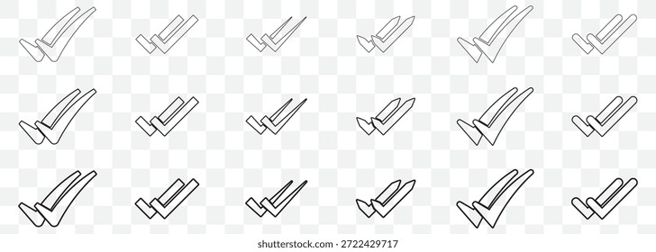 Icono de la marca de verificación de esquema. Ilustración vectorial de garrapatas simples y dobles. Confirmación y mensaje enviado, recibido y visto símbolo de Estado. Se usa en chat, tareas y notificaciones para firmar En fondo transparente. EPS 10.
