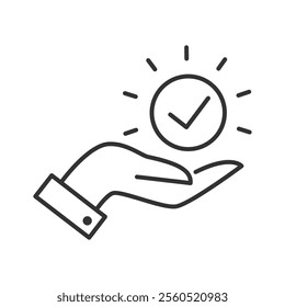 Outline check mark on the palm hand icon simple flat style vector illustration on white background.