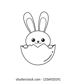 Outline of cheerful Easter Bunny sitting in cracked egg. Vector illustration isolated on white background 