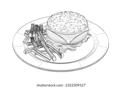 Outline cheeseburger on plate. Contour Big humburger with cutlets, cheese, tomatoes, lettuce. american food. Vector illustration element with humburger. Hand drawn food. Icon, symbol, logo.