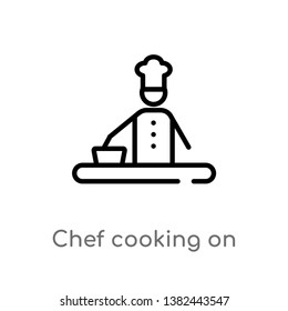 outline chef cooking on stove vector icon. isolated black simple line element illustration from food concept. editable vector stroke chef cooking on stove icon on white background
