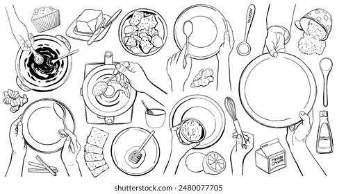 Outline of chef hands isolated on white background. Female hands holding kitchen utensils. Plate, spatula, blender, spoon, fork, flour, salt, butter, cookies, milk, cream, honey and other products for