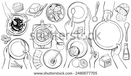 Outline of chef hands isolated on white background. Female hands holding kitchen utensils. Plate, spatula, blender, spoon, fork, flour, salt, butter, cookies, milk, cream, honey and other products for