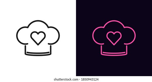 Outline chef hat icon. Linear chef cap with heart, bakery sign with editable stroke. Love kitchen, favorite restaurant, cook with love, confectionery. Vector icon, sign, symbol for UI and Animation