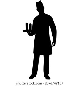 Outline chef standing front side full-length, contour portrait male young human in a chef's form, toque, in an apron, isolated on white background, monochrome illustration, Cook vector silhouette